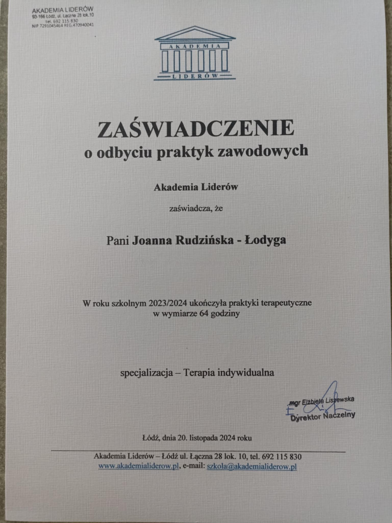 Certyfikat praktyk terapii – praktyki zawodowe
