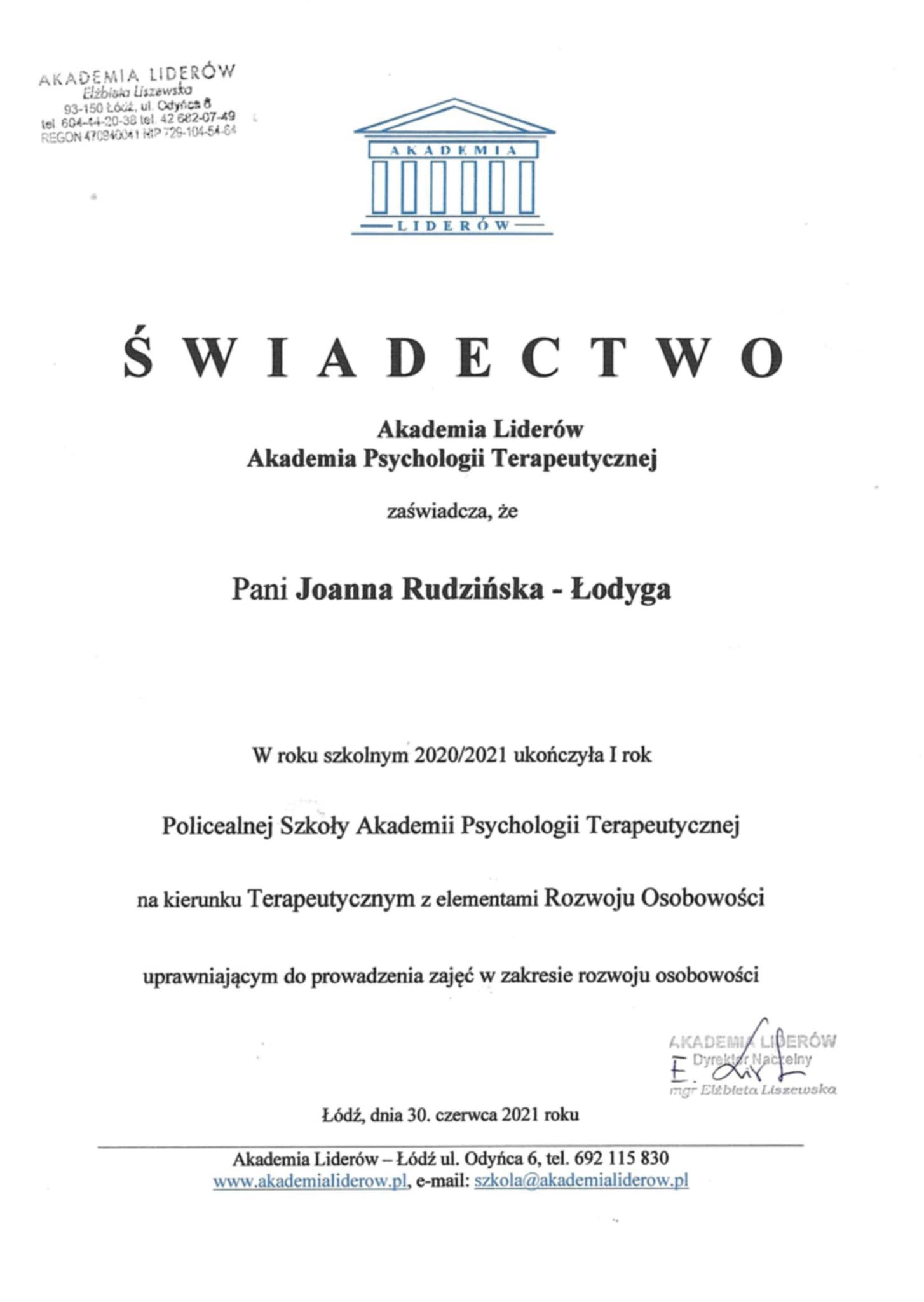 Dyplom szkolenia terapeutycznego – rok 1