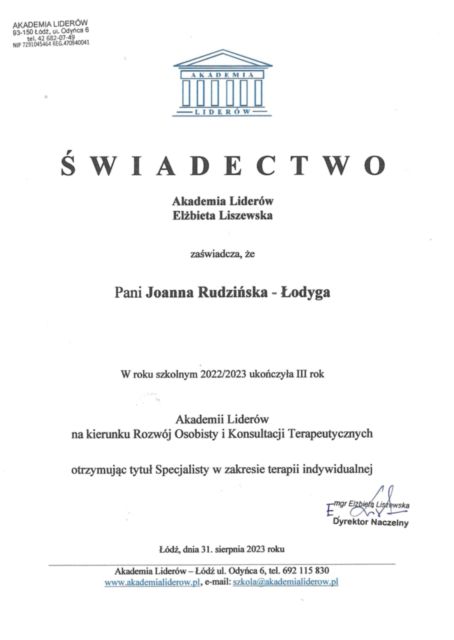 Dyplom szkolenia terapeutycznego – rok 3