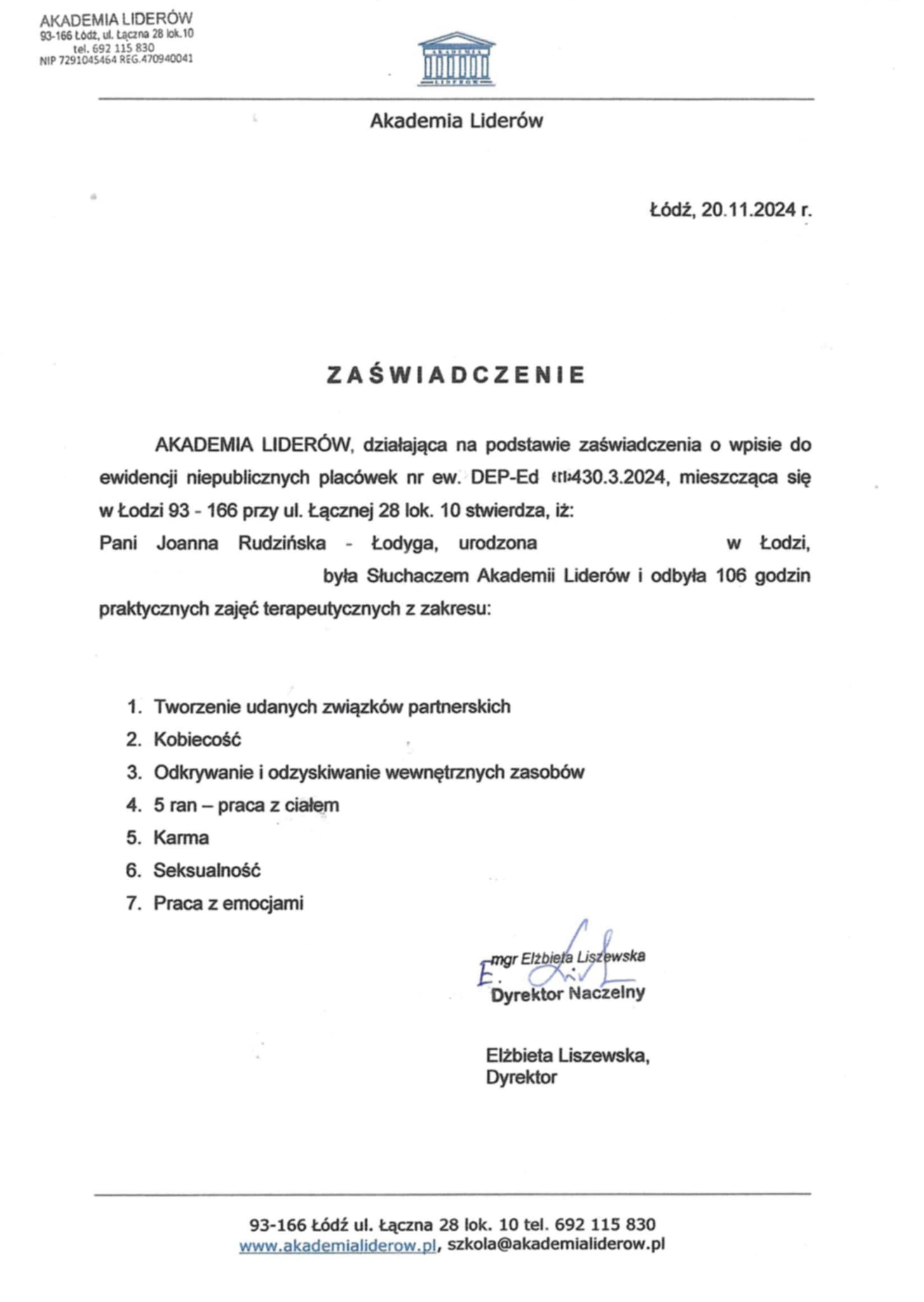 Certyfikat warsztatów terapeutycznych